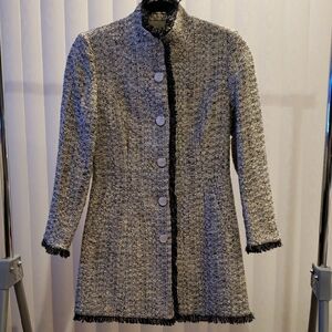 Black and White Textured Blazer with Stand-Up Collar